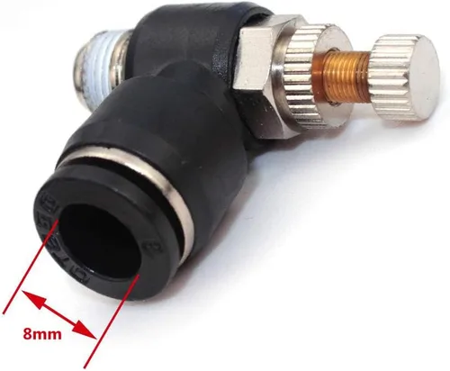 Vista 2 de Válvula de control de flujo de aire neumática Beduan con conexión por empuje, tubo OD de 8mm x rosca macho de 14", adaptador de válvula de cambio