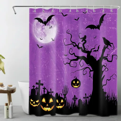 Vista 10 de LB Halloween Shower Curtain Horror Pumpkin Lights with Dead Tree Bat Crow on Blue Background Bathroom Shower Curtain Full Moon Bathroom Decor with
