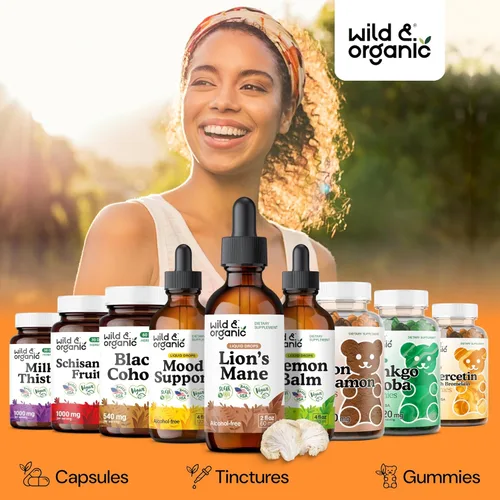 Vista 5 de Wild & Organic Gotas líquidas de melena de leones, apoyo para el enfoque y el cerebro, suplemento de melena de león, tintura de extracto de hongo