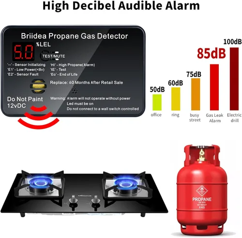 Vista 4 de Alarma de propano para RV, detector de gas propano briidea con alarma fuerte de 85 dB, 12 VCC, color negro