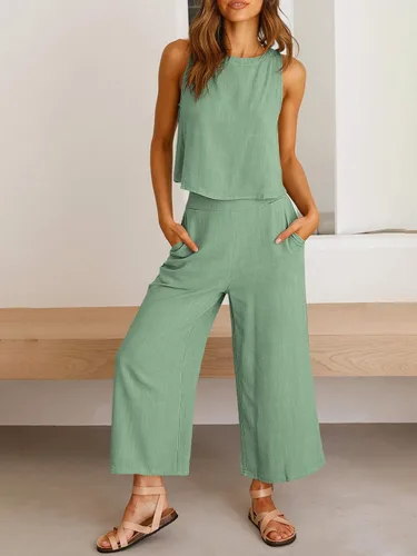 Vista 9 de ANRABESS Conjunto de 2 piezas de verano para mujer, sin mangas, con botones en la espalda, pantalones capri de pierna ancha, conjunto de lino