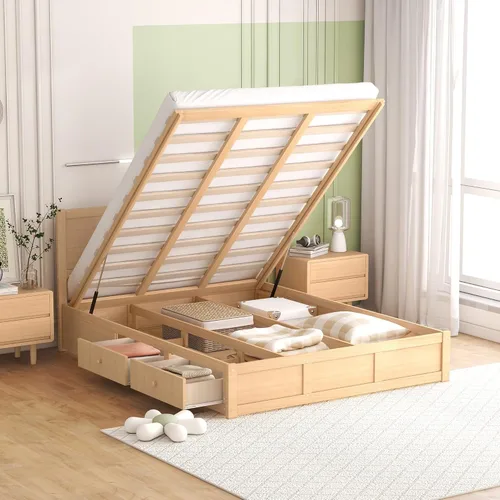 Vista 20 de RUNNA Elegante cama de plataforma de tamaño Queen con estantes extraíbles, cama de almacenamiento de madera con nido de tamaño individual