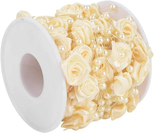 Vista 6 de 32.8 ft/roll Rose Artificial Pearl Wire Beads Garland String Wedding Pearl Bead Garland Cuerda Decoración (Beige)