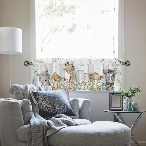 Vista 4 de HawSkgFub Cenefa de cortina unisex de 54 x 18 pulgadas, diseño de jirafa, elefante, cebra, leopardo, león, hoja de eucalipto, decoración del hogar