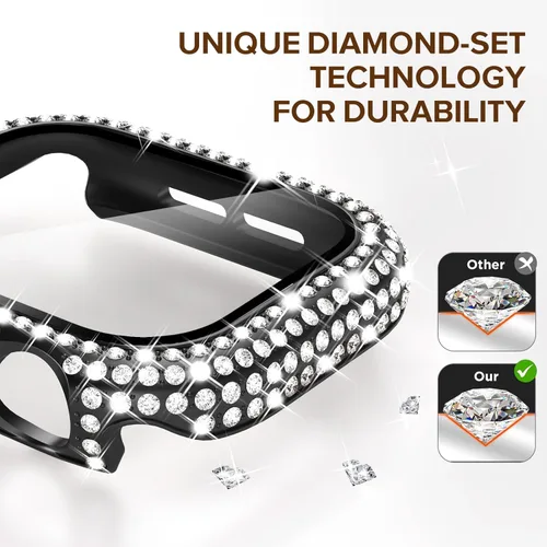 Vista 4 de KADES - Funda protectora completa compatible con iWatch, con protector de pantalla de vidrio templado incorporado, brillante y con diamantes de Negro