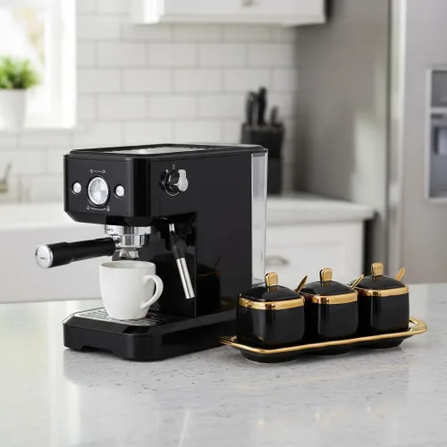 Vista 3 de Tazón de azúcar negro con tapa y cuchara, botes de condimentos de cerámica con bandeja, tarros de azúcar y sal, juego de 3 recipientes