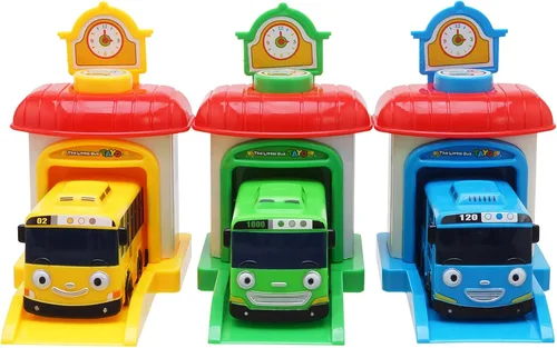 Vista 2 de Tayo pequeño autobús con estación para lanzar autos, set Rogi Tayo Rani