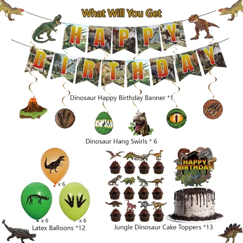 Vista 3 de Decoraciones de cumpleaños de dinosaurios para niños, suministros de fiesta de dinosaurios con pancarta de cumpleaños T-Rex, remolinos colgantes