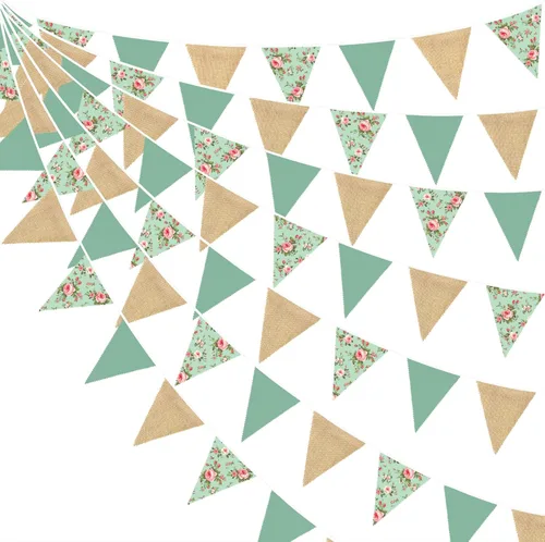 Vista 10 de Decoraciones de fiesta verde salvia de 32 pies, bandera triangular verde aguacate, banderines de tela, banderines para cumpleaños, boda, baby