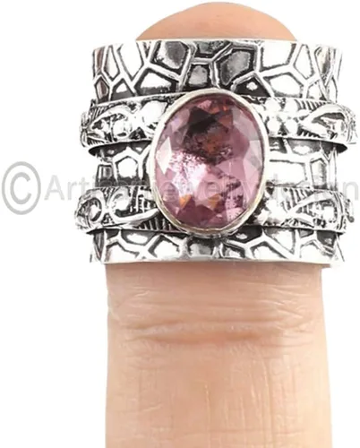 Handmade Rose Quartz Spinner Ring, 925 Sterling Silver Fidget Band, Natural Gemstone Statement Ring, Antique Boho Jewelry, Promise Gift for Her