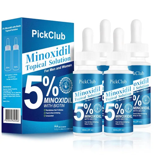 5% Minoxidil with Biotin for Men and Women, Hair and Beard Regrowth Serum, Gentle, Fast-Absorbing, with Dropper, 4-Pack (8.12 fl oz)