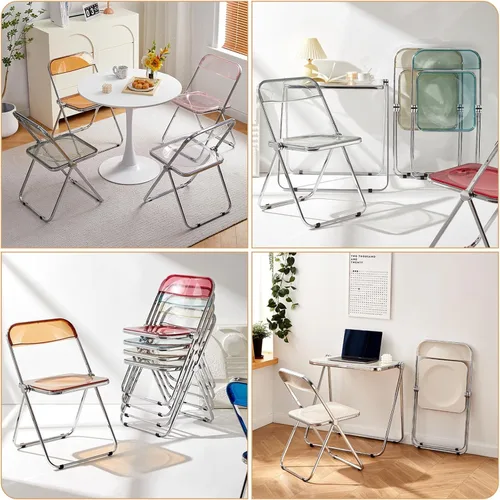 Vista 5 de KAIHAOWIN Silla plegable de acrílico moderna de lujo, silla plegable apilable de cristal fantasma, asiento de sala de estar de plástico de Negro