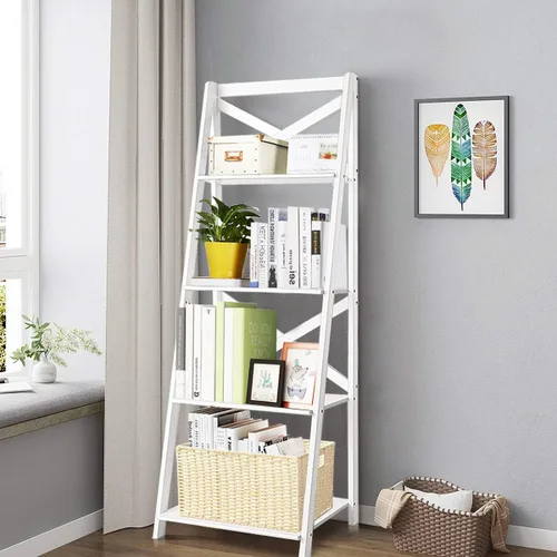 Vista 2 de STAKOL Estantería de escalera de 4 niveles, estantería inclinada independiente, marco de madera, estantes de exhibición de flores, estantería