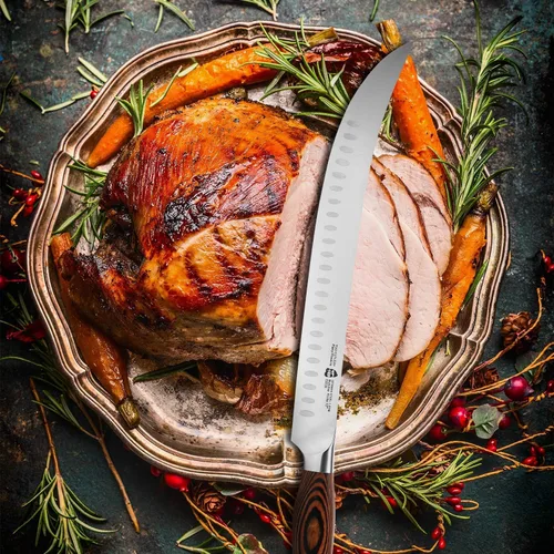 Vista 7 de TUO Cuchillo de carnicero – Cuchillos de carnicero de 12 pulgadas con borde de Granton curvado para cortar carne y verduras – Mango de madera