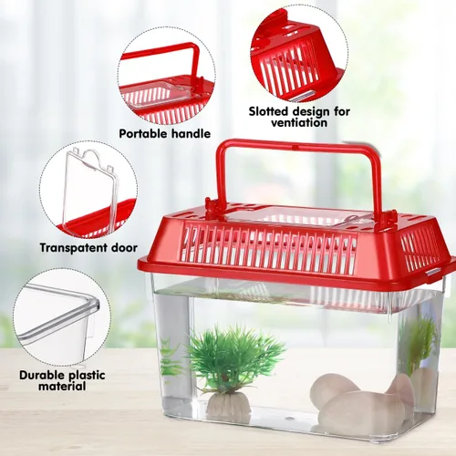 Vista 4 de POPETPOP Mini tanque de peces portátil con asa, acuario transparente de plástico, tanque de tortugas pequeñas, funda de cría de reptiles, tanque
