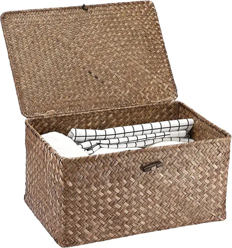 Vista 17 de Hipiwe Cesta de mimbre extra pequeña con tapa, cestas de almacenamiento de hierba marina natural, caja organizadora para el hogar, cesta