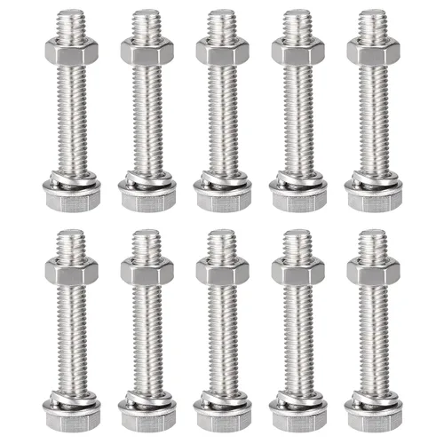 Vista 7 de uxcell Tornillos de cabeza hexagonal M8 x 0.630 in, tuercas, kits de arandelas planas y de bloqueo, pernos hexagonales de rosca completa de acero