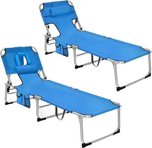 Vista 17 de Goplus Silla bronceadora, silla de playa plegable con agujero para cara y brazo, posición ajustable, almohada extraíble, bolsillo lateral, silla