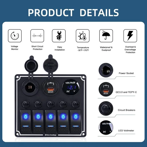 Vista 2 de Panel de interruptores de barco marino de 5 posiciones con cargador USB dual y voltímetro, panel de interruptores basculantes de aluminio