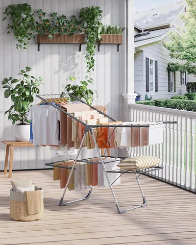 Vista 7 de Escurridor de ropa, plegable de 2 niveles con alas ajustables en altura, para ropa y ropa de cama, estante independiente que ahorra espacio, Gris