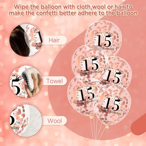 Vista 6 de Decoraciones de cumpleaños número 15: 18 globos de oro rosa, globos de confeti, suministros de fiesta para niñas y niños, 12 pulgadas