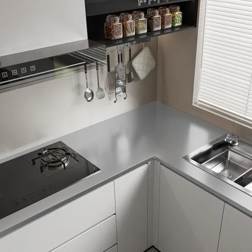 Vista 3 de Papel pintado autoadhesivo de acero inoxidable plateado de Abyssaly extraíble para pegar y pelar para encimeras, refrigeradores, electrodomésticos