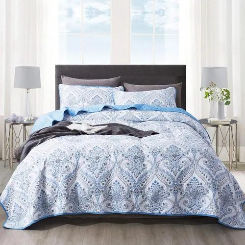 Vista 37 de NEWLAKE - Juego de cubrecama reversible de microfibra bordada con patrón floral en relieve en jacquard beige, tamaño queen