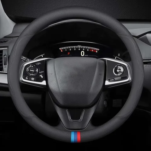 Vista 9 de Funda de cuero para volante de automóvil, transpirable, perforada con láser, líneas dobles negras puras, textura premium, 14.5-15 pulgadas para BMW