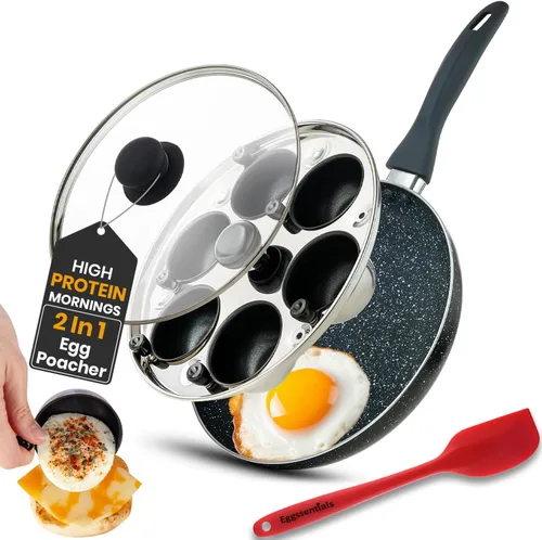 Vista 2 de Eggssentials Sartén para huevos 2 en 1 y cacerola escalfadora de huevos, sartén antiadherente de granito escalfador de huevos y sartén para freír