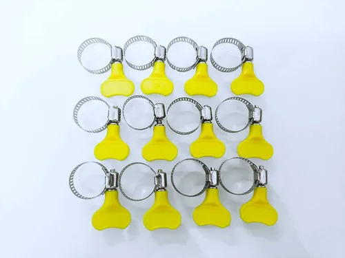 Vista 3 de Paquete de 14 abrazaderas de manguera de acero inoxidable amarillas, abrazaderas de tornillo de pulgar ajustables, tamaño de 5/8"-1" (16-25mm)