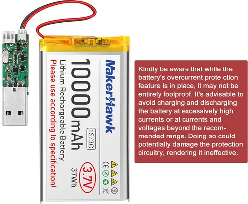 Vista 5 de MakerHawk Batería LiPo de 3.7V 10000mAh recargable 1S 3C Baterías de polímero de litio con placa de protección cinta de goma aislada, enchufe PH2.0