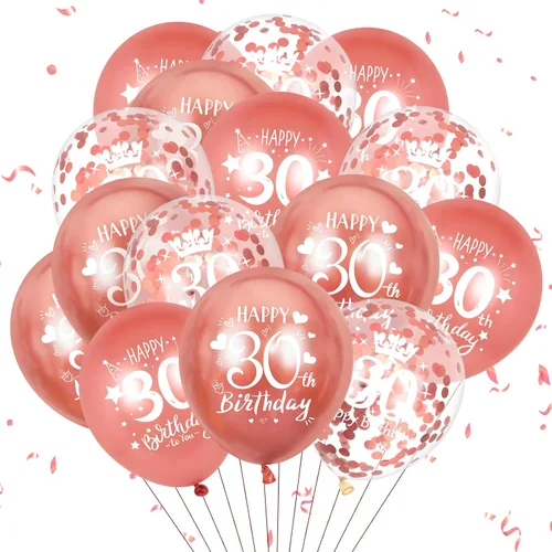 Globos de látex de cumpleaños número 30, 15 globos de oro rosa con el texto en inglés "Happy 30th Birthday", globos de decoración de fiesta de