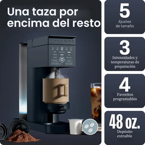 Vista 3 de Chefman Caffeinator - Cafetera de una sola porción, Kcups y molidos de cerveza, cafetera de goteo con ajustes de fuerza de preparación, función