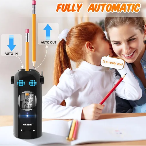 Vista 2 de AFMAT - Sacapuntas eléctrico de robot para lápices de colores de 7-11.5mm, entrada y salida automática, recargable totalmente automático sin manos