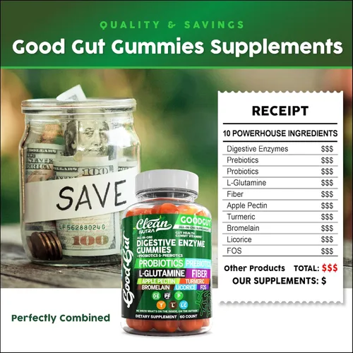 Vista 6 de Clean Nutraceuticals Enzimas digestivas con probióticos y prebióticos para la salud digestiva Gomitas y L-Glutamina para la salud intestinal