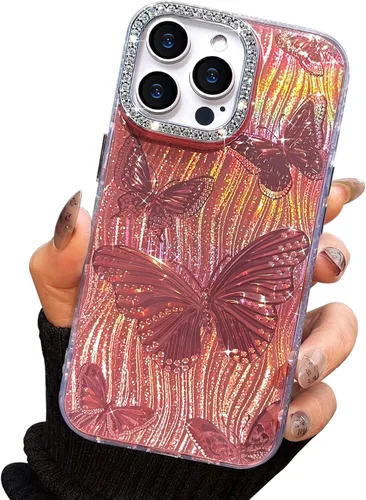 Vista 18 de I-MGAE-IN-AR - Funda diseñada para iPhone 12 y 12 Pro, diseño de mariposa plateada brillante, funda protectora de poliuretano termoplástico, suave
