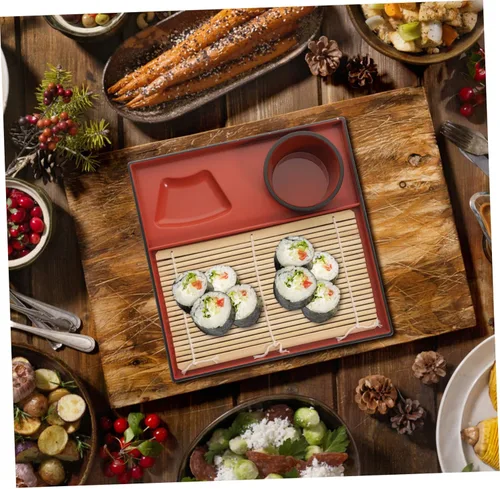 Vista 4 de Plato de fideos japoneses de Soba Bandeja de servir de fideos fríos, alfombrilla de sushi, plato de bambú reutilizable