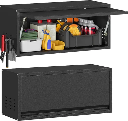 Armario de pared de metal para garaje con puerta abatible, armario de almacenamiento de acero montado en la pared, gabinete de herramientas flotante