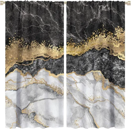 Vista 44 de Cortinas abstractas de mármol de lujo de lujo azul marino dorado a rayas con patrón de mármol estampado para dormitorio, sala de estar, cortinas