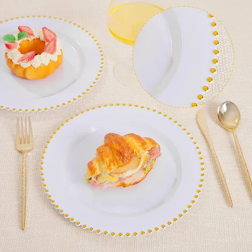 Vista 8 de supernal 100 platos de plástico blanco y dorado, elegantes platos desechables de 10 pulgadas, platos de plástico resistentes para fiestas, bodas