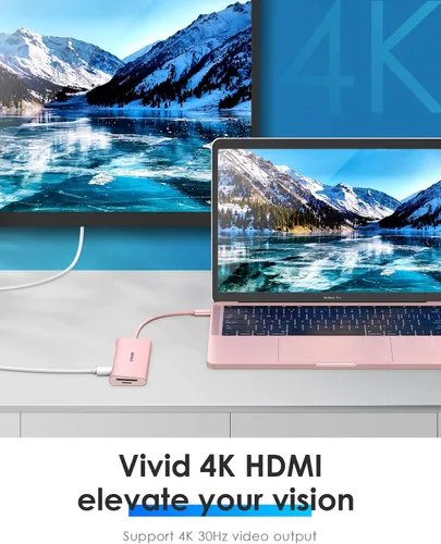 Vista 4 de LENTION Hub multipuerto USB C 7 en 1 con HDMI 4K, 100 W PD, 3 puertos USB 3.0, lector de tarjetas SD/MicroSD compatible con MacBook Pro/Air/Neo Oro