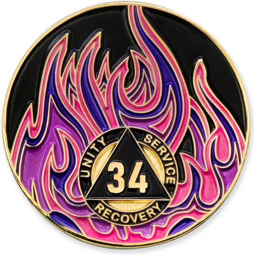 Vista 58 de Medallón de recuperación AA chapado en oro de 1 año Twisted Flames - Negro/Rojo/Naranja/Amarillo