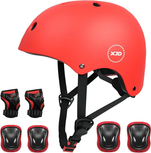 Vista 8 de Casco XJD de bicicleta para niños, juego de equipo de protección multideportivo para niños de 3 a 14 años, con rodilleras, coderas y muñequeras