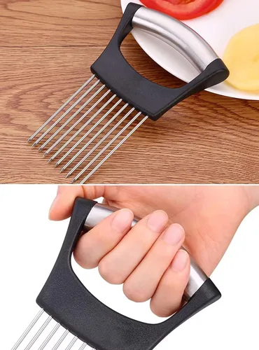 Vista 8 de Cortador de tomate con cebolla, herramienta práctica de rebanar de cocina con 10 puntas uniformes para rodajas de cebolla, limón, patata, tomate
