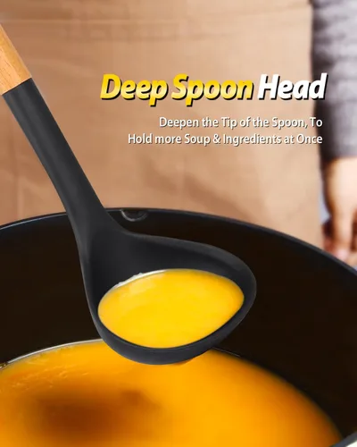 Vista 4 de Juego de tenedor de pasta y cucharón de silicona con mango de madera, utensilios de cocina resistentes al calor y antiadherentes para cocinar, Negro