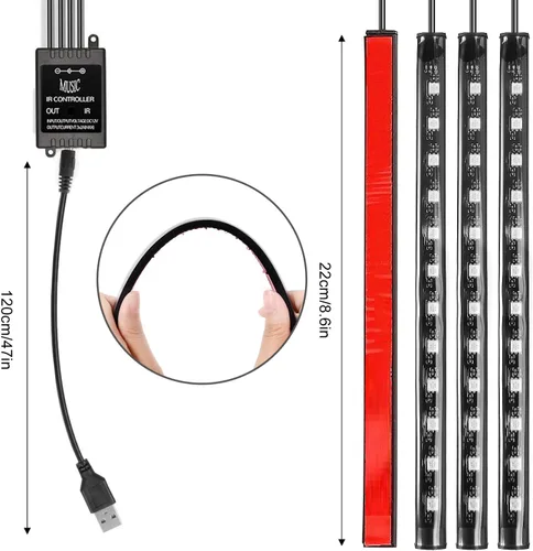 Vista 7 de Tira de luces LED para automóvil, 4 unidades de 48 luces LED USB para interiores, tira de luces multicolor de música para automóvil, kit