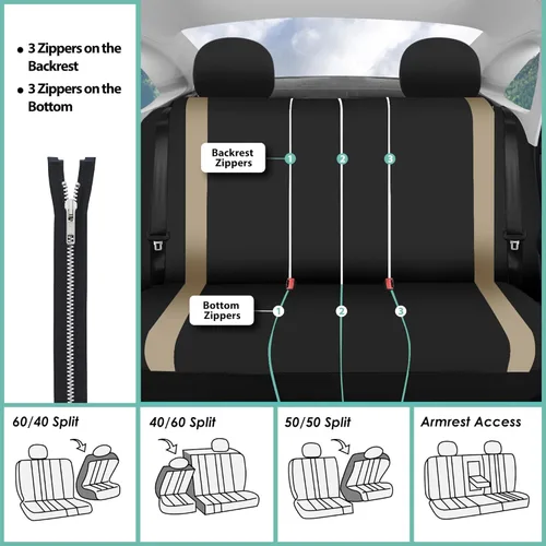Vista 7 de FH Group Juego completo de fundas de asiento de automóvil, de tela plana cosmopolitan, accesorios de automóvil, color beige, combo de funda