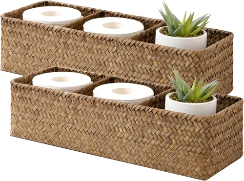 Vista 12 de StorageWorks Cestas de mimbre de 3 secciones para estantes, cestas de almacenamiento de cuerda de papel redondas tejidas a mano, gris, paquete de 2