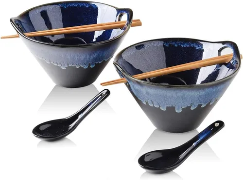 KOOV Cuencos japoneses de porcelana para ramen con palillos y cucharas, 26 onzas, cuenco profundo Pho, esmalte reactivo (Blue Galaxy), juego de 2