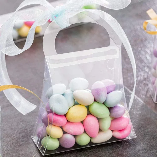 Vista 3 de Sweet Vision - Cajas de regalo de boda, 100 cajas de dulces transparentes con diseño de monedero, mango incorporado, para bodas, baby shower